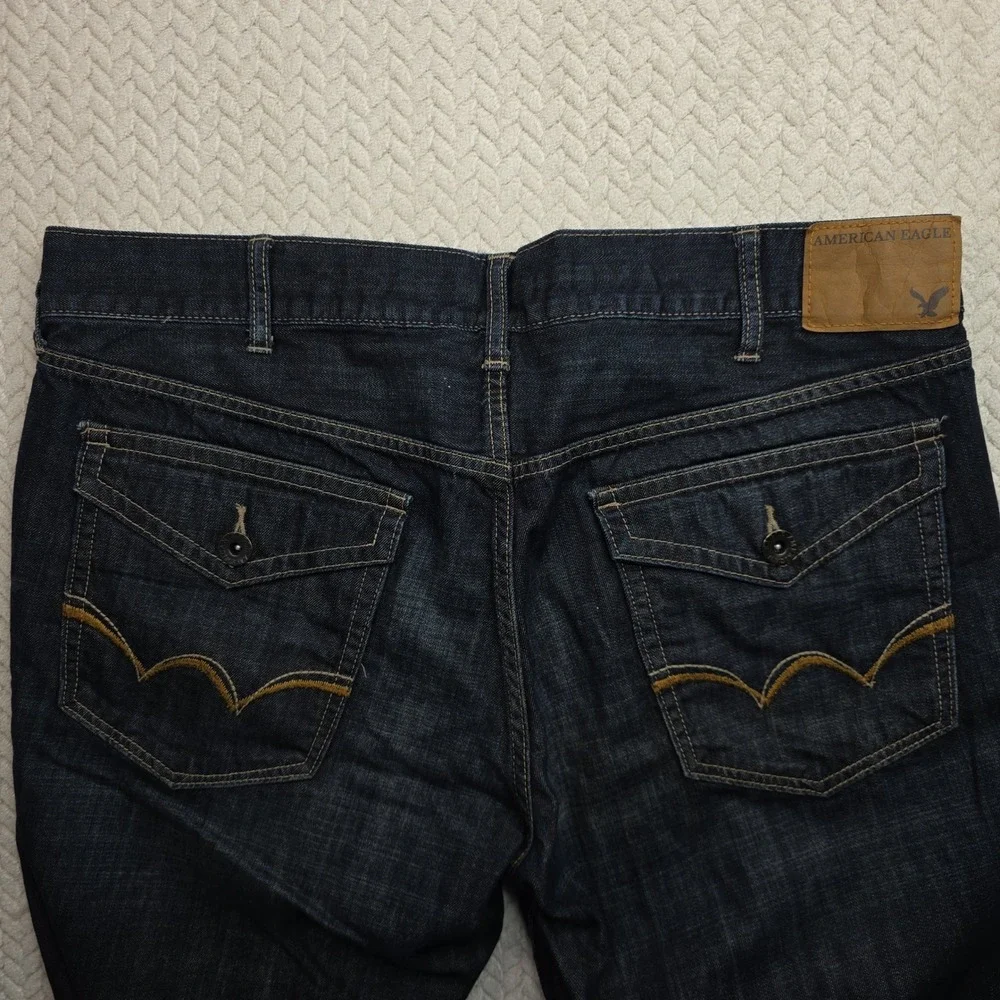 American Eagle Mens Low Rise Boot Jeans Dark Wash Blue 38x32‎ Whiskered Cotton